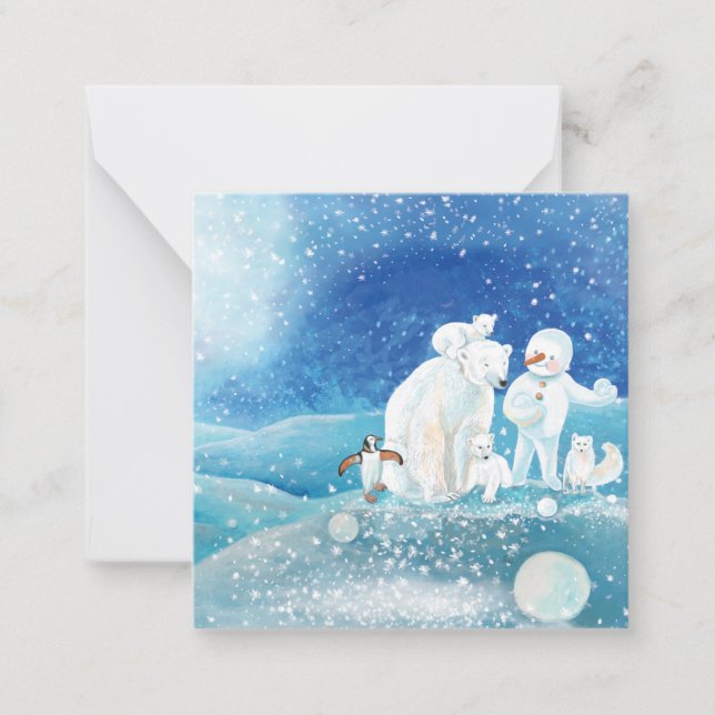 Polar Bears, Polar Fox, Emperor penguin & Snowman  Note Card (Front)
