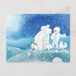 Polar Bears, Polar Fox, Emperor penguin & Snowman Postcard
