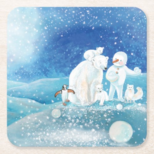 Polar Bears Polar Fox Emperor penguin  Snowman  Square Paper Coaster