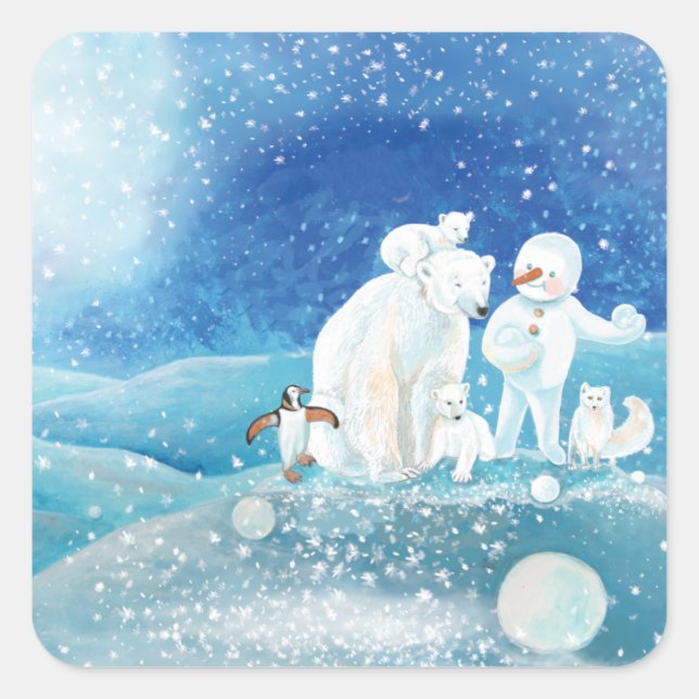 Polar Bears, Polar Fox, Emperor penguin & Snowman  Square Sticker (Front)