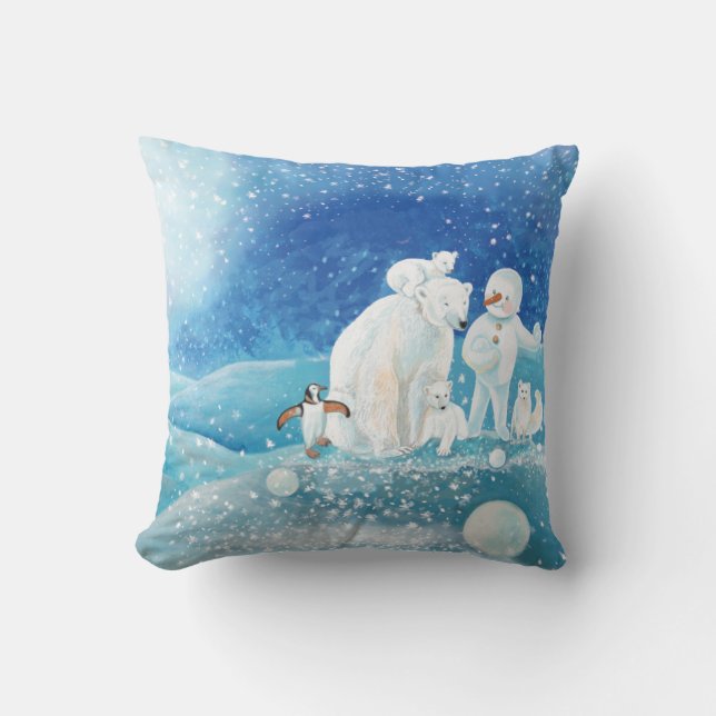 Polar Bears, Polar Fox, Emperor penguin & Snowman  Throw Pillow (Front)