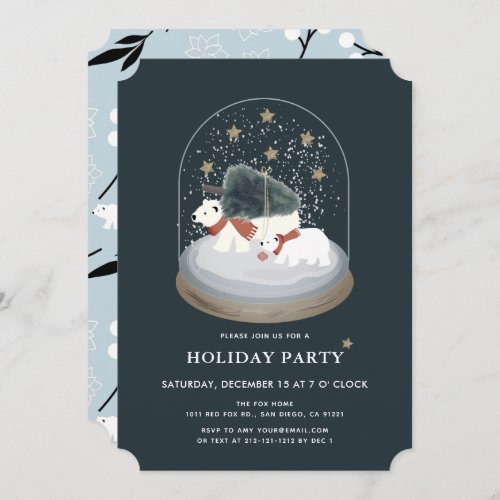 Polar Bears Snow Globe Navy Blue Holiday Party Invitation
