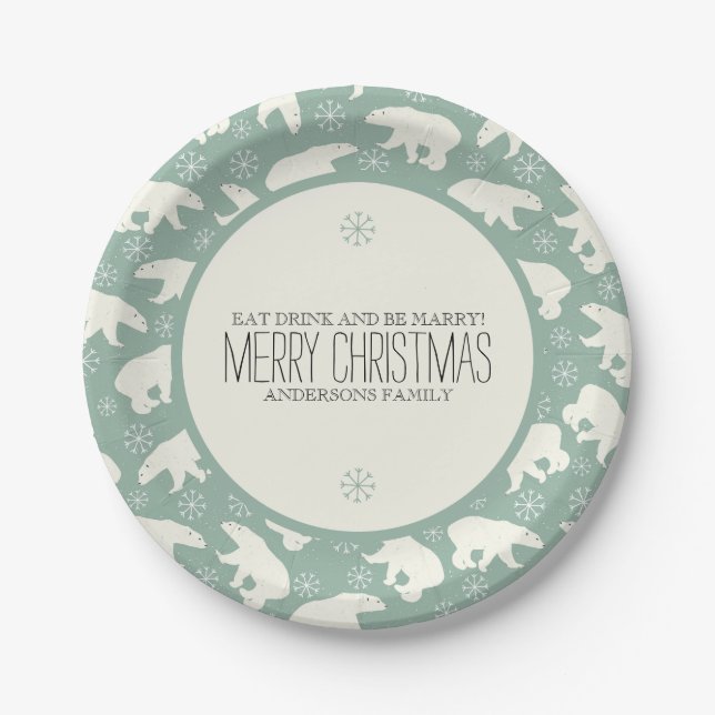 Polar Bears & Snowflakes Christmas Template Paper Plates (Front)