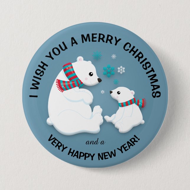 Polar Bears Snowflakes Merry Christmas Button (Front)