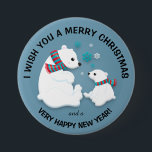 Polar Bears Snowflakes Merry Christmas Button<br><div class="desc">Cute Christmas button with two polar bears, a mother and her cub, wearing blue and red striped scarves with snowflakes falling all around. Fully customizable text says, "I wish you a Merry Christmas and a very Happy New Year." Text, font, font size, color and placement are completely customizable, so make...</div>