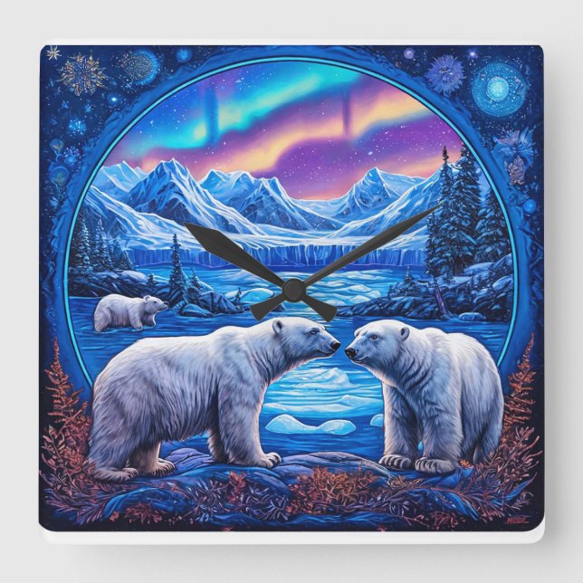 Polar Bears Winter Wildlife Wall Art Square Wall Clock (Front)