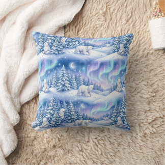 Polar Bears Winter Wonderland Aurora Moon Throw Pi Pillow