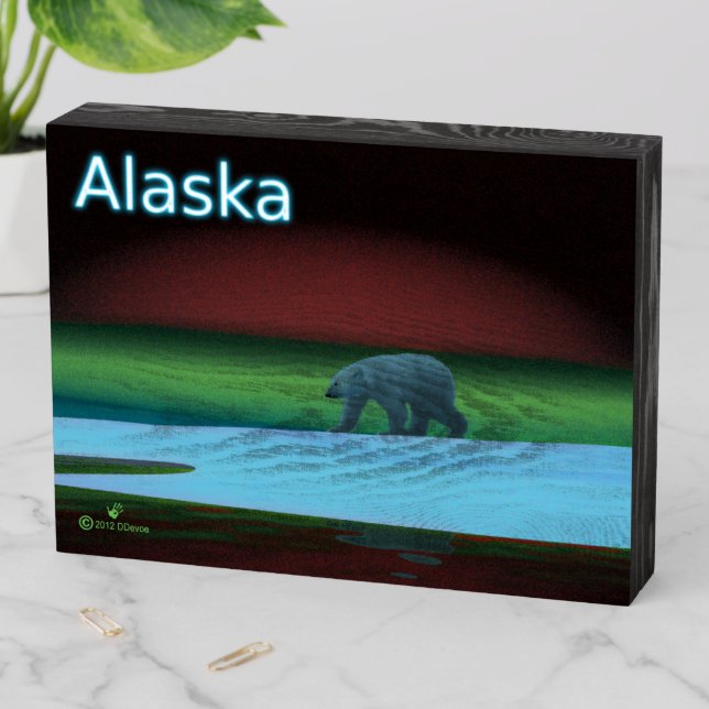 Polar Lights Polar Bear - Alaska Wooden Box Sign (In Situ Horizontal)