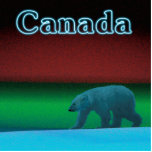Polar Lights Polar Bear - Canada Cutout<br><div class="desc">A polar bear roams the ice during the long polar night; the Northern Lights in red and green glow in the distance. Text reading "Canada" appears in glowing blue. Polar bears are highly endangered. How much longer will scenes like this be able to occur? Please help save Polar Bears from...</div>