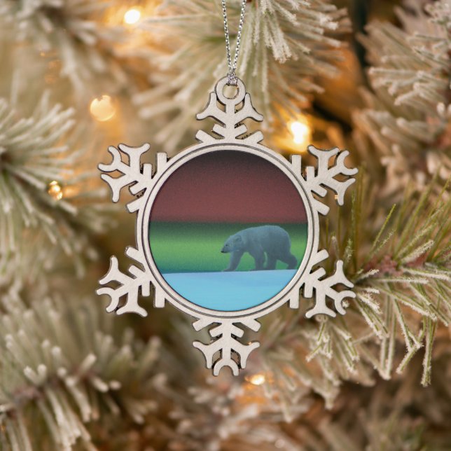 Polar Lights Polar Bear Snowflake Pewter Christmas Ornament (Tree)