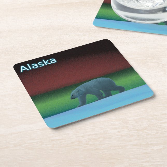 Polar Lights Polar Bear Square Paper Coaster (Angled)