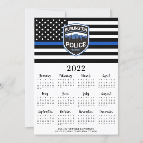 Police 2022 Thin Blue Line Logo 12 Month Calendar Holiday Card