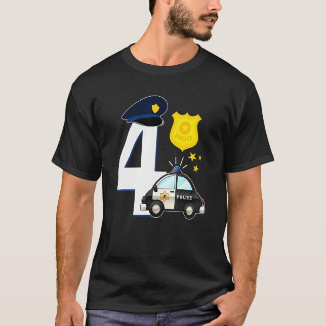 Police 4 Years Old Cute Police Car  4th Birthday T-Shirt (Front)