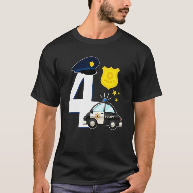 Police 4 Years Old Cute Police Car  4th Birthday T-Shirt (Front)