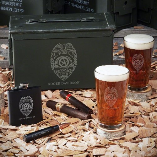 Police 50 Cal Ammo Can Set w Beer Kit  Flask