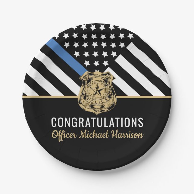 Police Academy Graduation Blue Line Congratulation Paper Plates (Front)