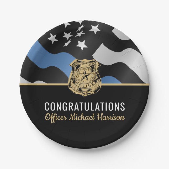 Police Academy Graduation Blue Line Flag Paper Plates (Front)