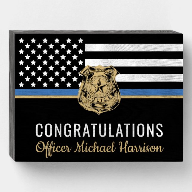 Police Academy Graduation Law Enforcement Flag Wooden Box Sign (Front Horizontal)
