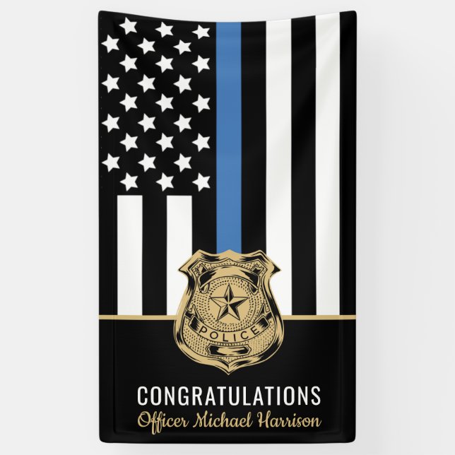 Police Academy Graduation Officer Blue Line Flag Banner (Vertical)