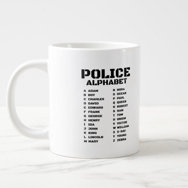 Police Alphabet From Adam to Zebra Giant Coffee Mug (Left)