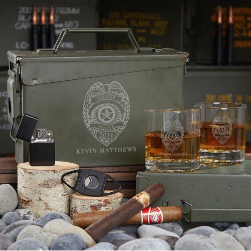 Police Ammo Can Set w Cigar Kit  Whiskey Glasses