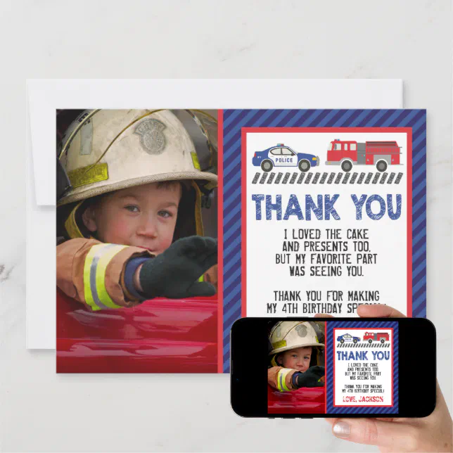 Police And Fire Thank You Card With Photo 