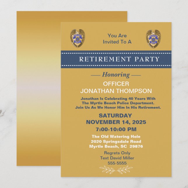 Police Badge  Blue Line Gold Retirement Invitation (Front/Back)