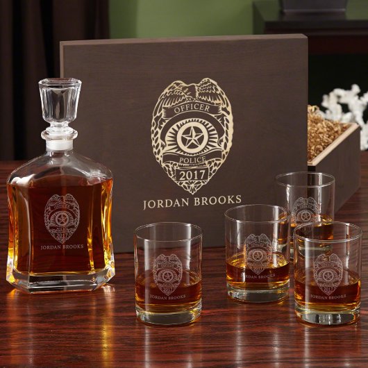 Police Badge Decanter Set and Whiskey Glasses (Front)
