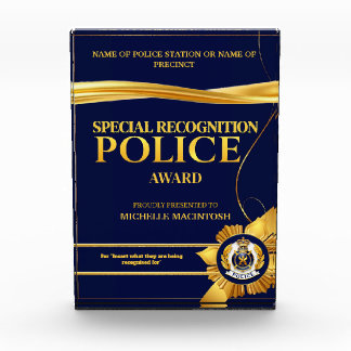 Police badge year end achievement blue gold ribbon acrylic award