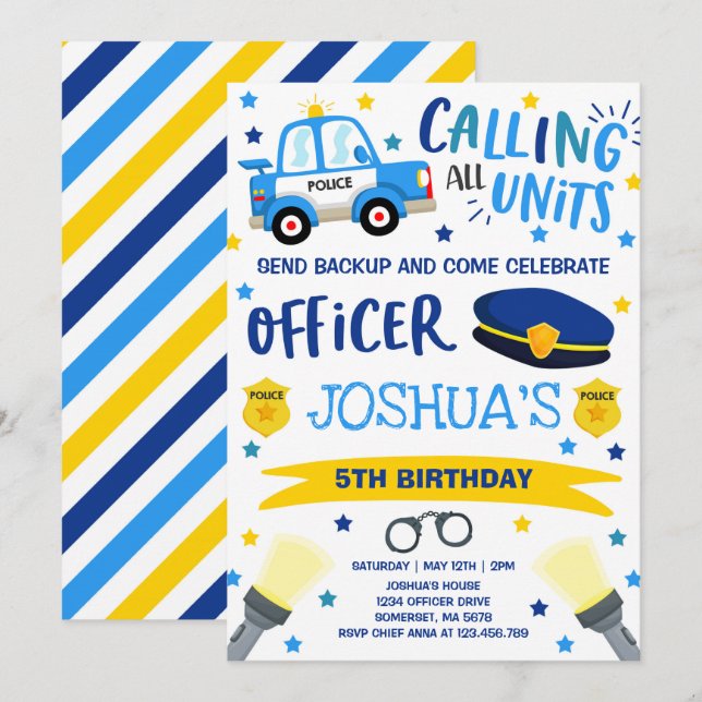 Police Birthday Invitation Police Officer Party (Front/Back)
