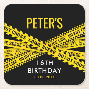 Police Birthday with Yellow Crime Scene Tapes Square Paper Coaster