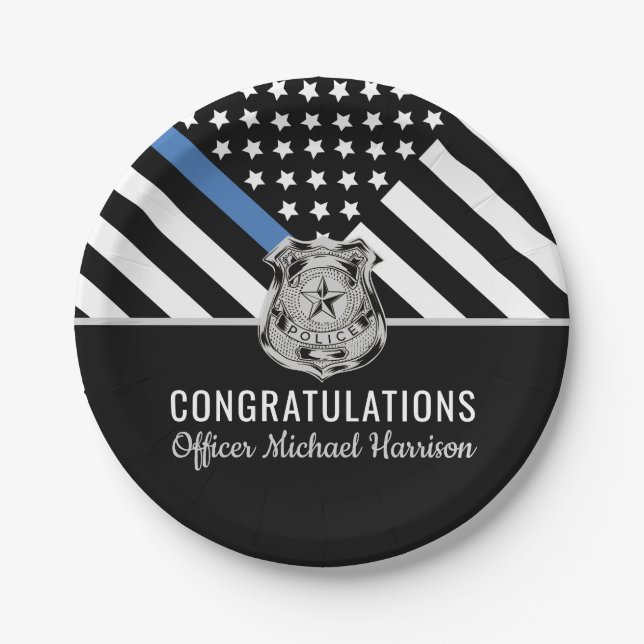 Police Blue Line Flag Congratulations Graduation Paper Plates (Front)
