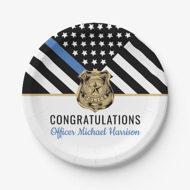 Police Blue Line Flag Congratulations Graduation Paper Plates (Front)