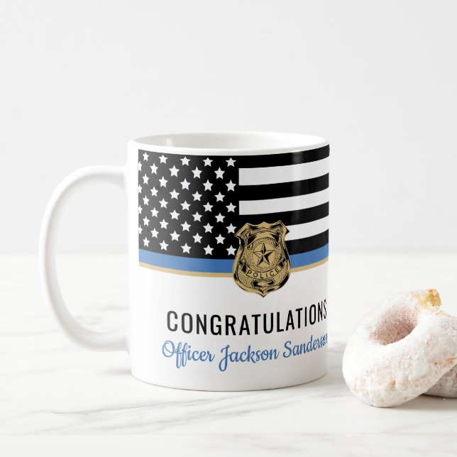 Police Blue Line Flag Congratulations Retirement Coffee Mug (With Donut)