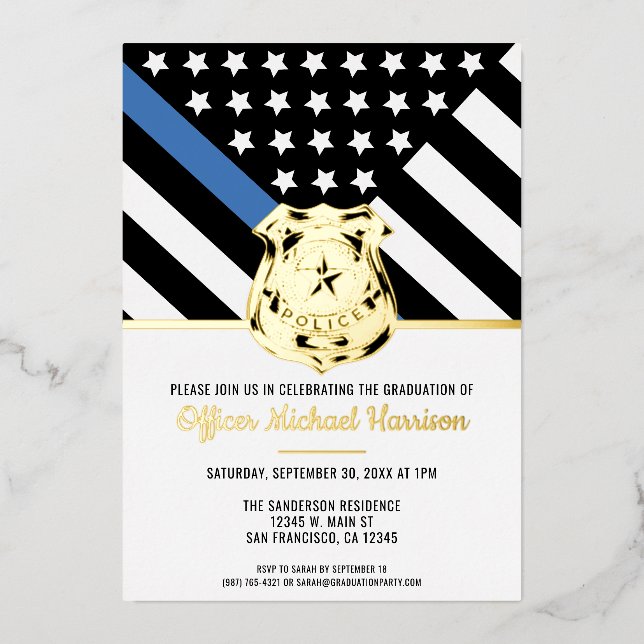 Police Blue Line Flag Law Enforcement Graduation Foil Invitation (Front)