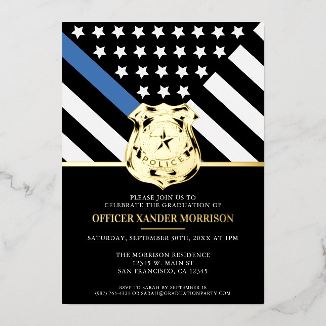 Police Blue Line Flag Law Enforcement Graduation Foil Invitation (Front)