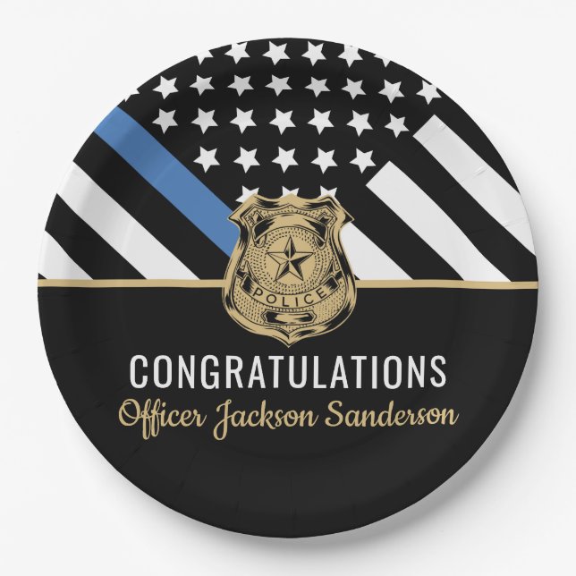 Police Blue Line Flag Retirement Congratulations Paper Plates (Front)