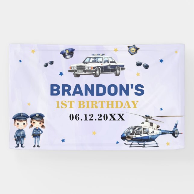 Police Boy 1st Birthday Party Banner (Horizontal)