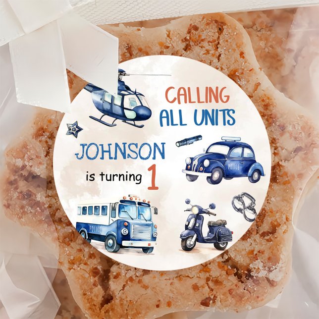 Police Boy 1st Birthday Party  Classic Round Sticker (Creator Uploaded)