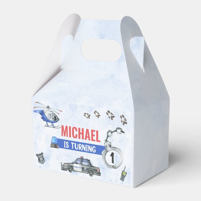 Police Boy 1st Birthday Party Favor Boxes (Front Side)