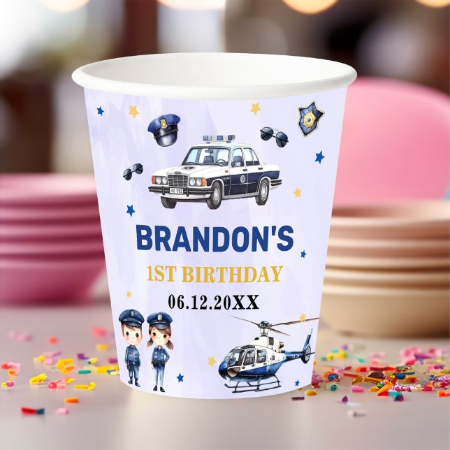 Police Boy 1st Birthday Party Paper Cups (Creator Uploaded)