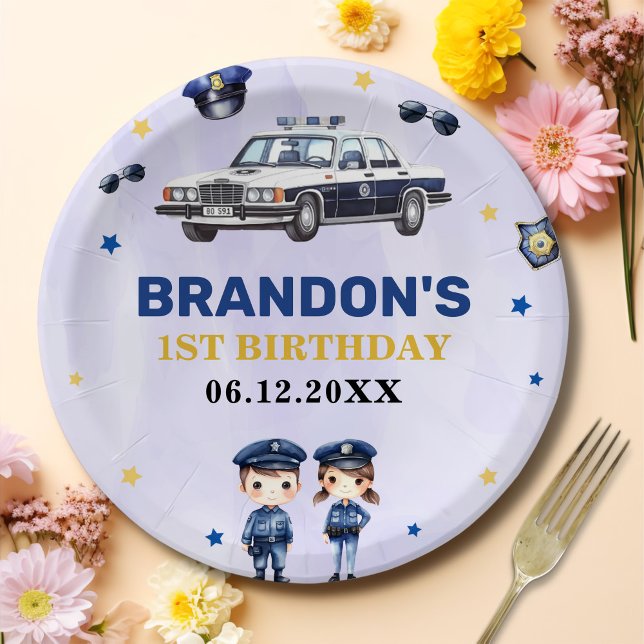 Police Boy 1st Birthday Party Paper Plates (Creator Uploaded)