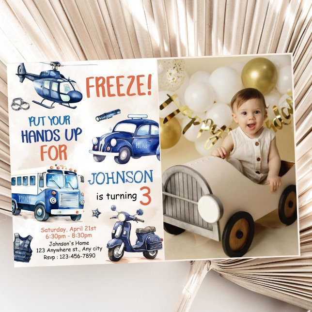 Police Boy 3rd Birthday Party Photo Invitation (Creator Uploaded)