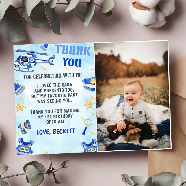 Police Boy Birthday Party Photo Thank You Card  (Creator Uploaded)