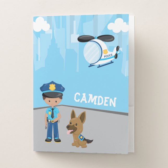 Police Boy + Dog Kid's Personalized Pocket Folder (Front)