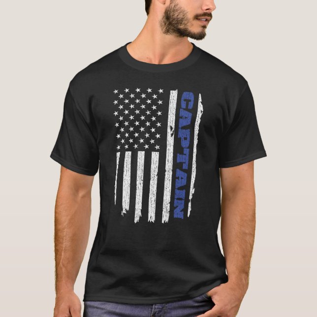 Police Captain Thin Blue Line American Flag USA T-Shirt (Front)