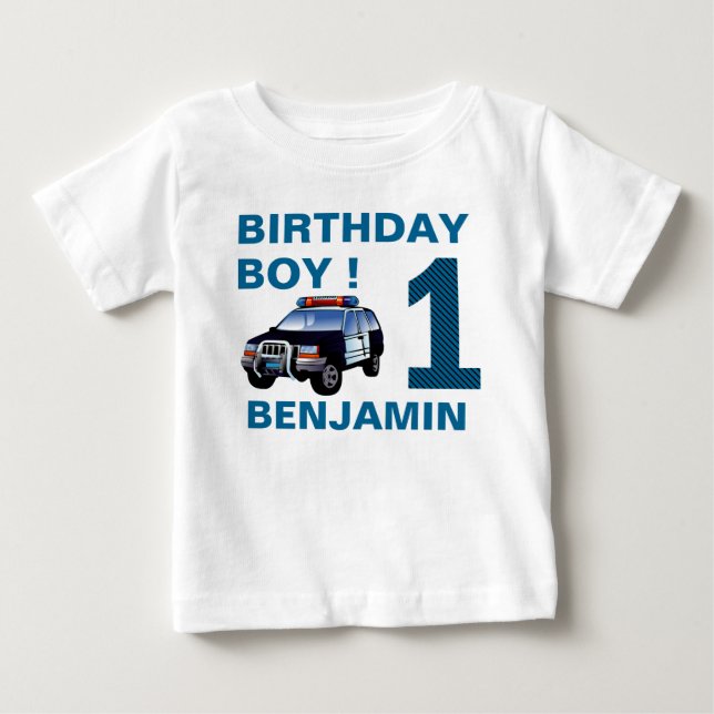Police Car 1st Birthday Party Baby T-Shirt (Front)