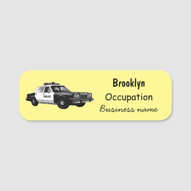 Police car cartoon illustration name tag (Front)
