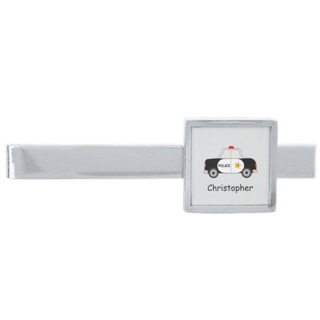Police Car Design Personalised Silver Finish Tie Bar (Front)