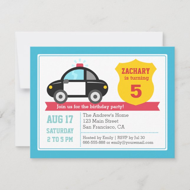 Police Car Kids Birthday Party Invitation (Front)